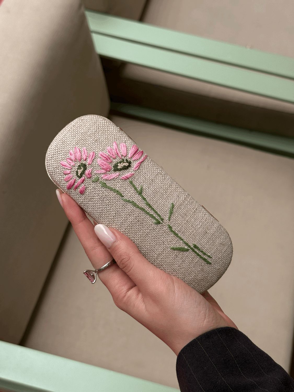 Pink Flowers Embroidery Eyeglasses Case