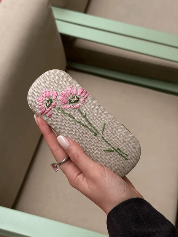 Pink Flowers Embroidery Eyeglasses Case
