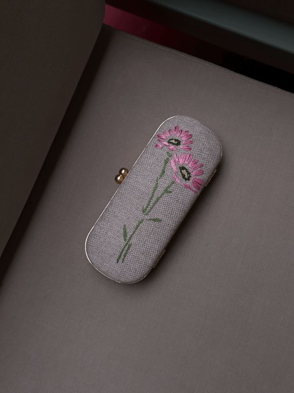 Pink Flowers Embroidery Eyeglasses Case