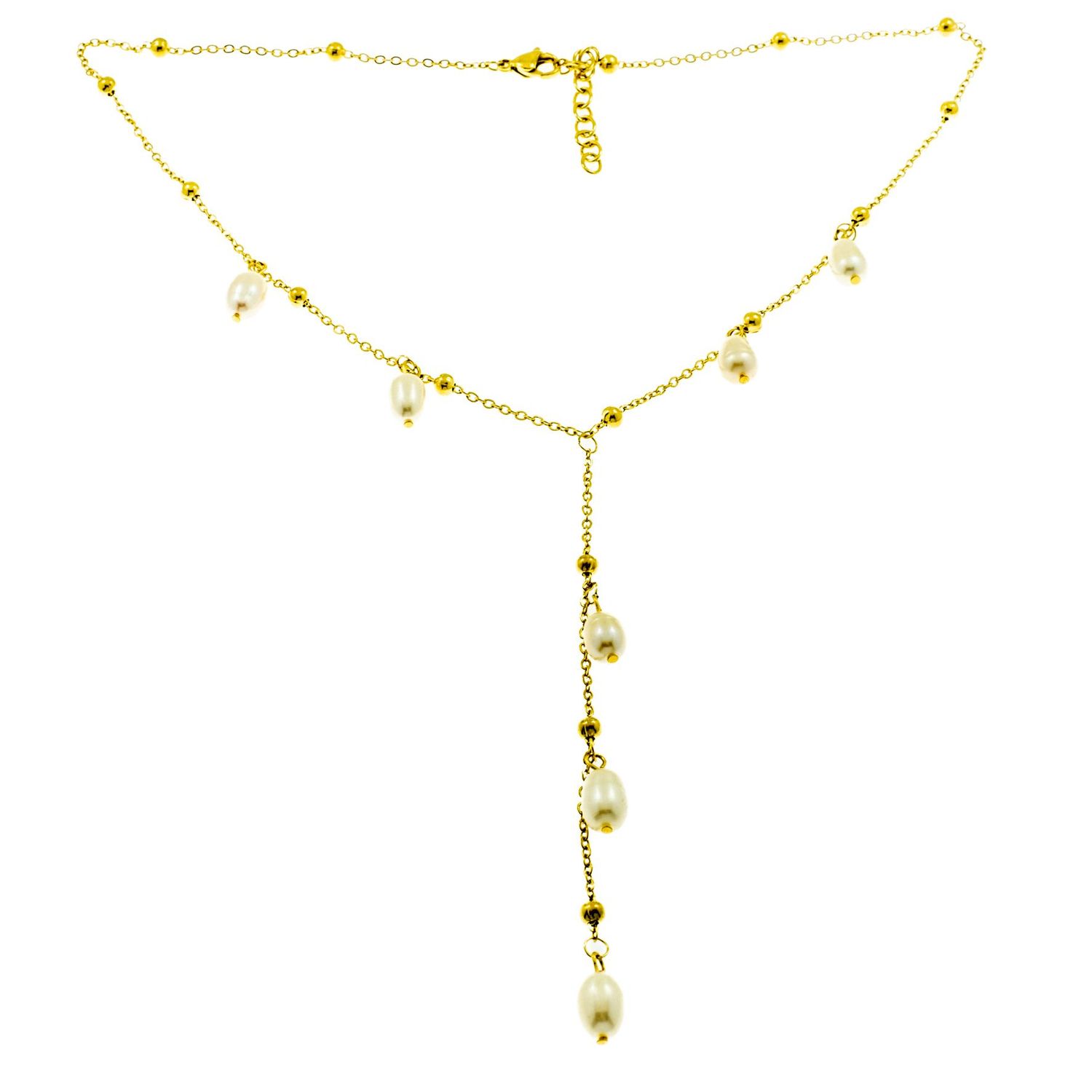 Edelstaal collier "Y" vorm verguld met geel goud en met zoetwater parels model MANON