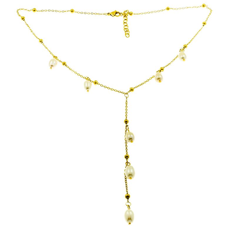 Edelstaal collier "Y" vorm verguld met geel goud en met zoetwater parels model MANON