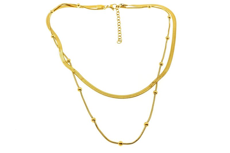 Edelstaal RVS collier dubbele rij, verguld met geel goud model GISELE