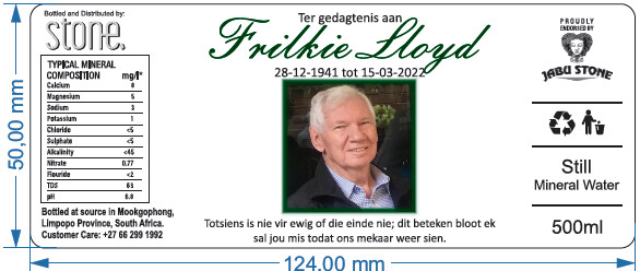 Label personalised funeral Frikkie Lloyd 500 still mineral water 500ml