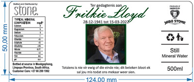 Label personalised funeral Frikkie Lloyd 500 still mineral water 500ml