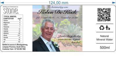 Label personalised funeral Kobus de Kock still mineral water 500ml