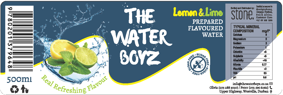 Label THE WATER BOYZ Carbonated LEMON &amp; LIME flavoured mineral water 500ml