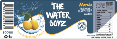Label THE WATER BOYZ Carbonated MARULA flavoured mineral water 500ml