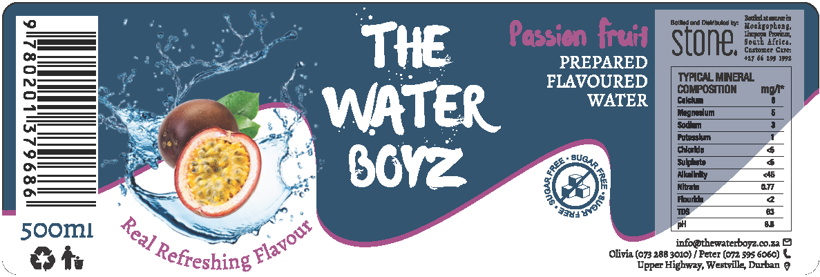 Label THE WATER BOYZ Carbonated PASSION FRUIT flavoured mineral water 500ml