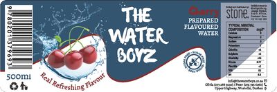 Label THE WATER BOYZ Carbonated BLACK CURRANT flavoured mineral water 500ml