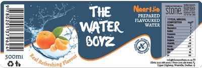Label THE WATER BOYZ Carbonated NAARTJIE flavoured mineral water 500ml