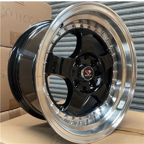 ZM1025 15X8 4X100 OR 4X114.3 ET15 CB73.1 BLACK GLOSS CHROME RIVETS