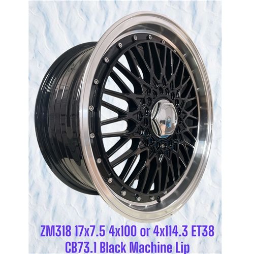 ZM318 17X7.5 ET38 CB73.1 4X100 OR 4X114.3 BLACK MACHINE LIP