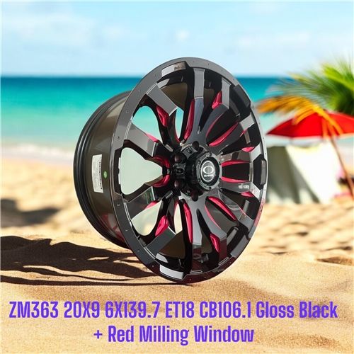 ZM363 20X9 6X139.7 ET18 CB106.1 GLOSS BLACK + RED MILLING WINDOW