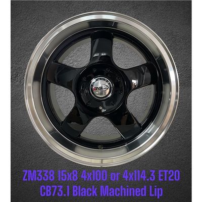 ZM338 15X8 ET20 CB73.1 4X100 OR 4X114.3 BLACK MACHINED LIP