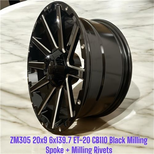 ZM305 - 20X9 6X139.7 ET-20 CB110.1  BLACK+MILLING SPOKES+RIVETS