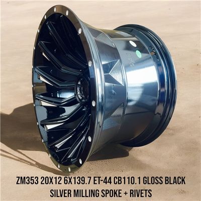 ZM343 20X12 6X139.7 ET-44 CB1101.1 BLACK+SILVER MILLING SPOKES+RIVETS