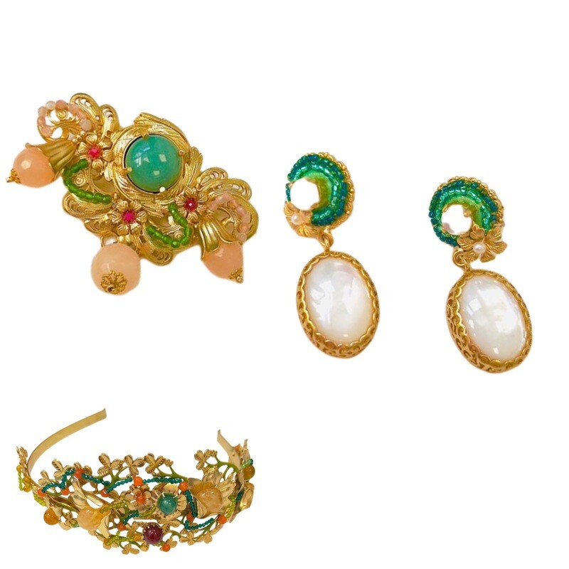 Jewelry set:  hard headband, brooch and earrings
