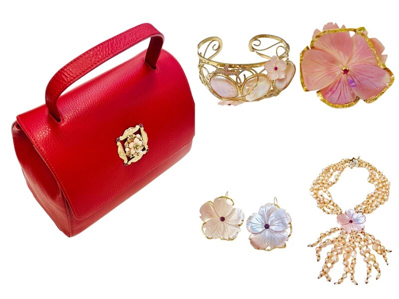 Jewelry set:  necklace, bracelet, earrings, ring and bag