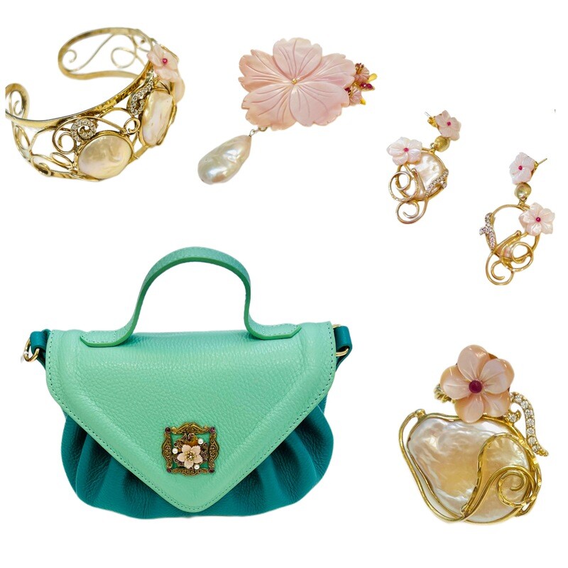 Jewelry set: bracelet, earrings ,  ring, brooch and bag