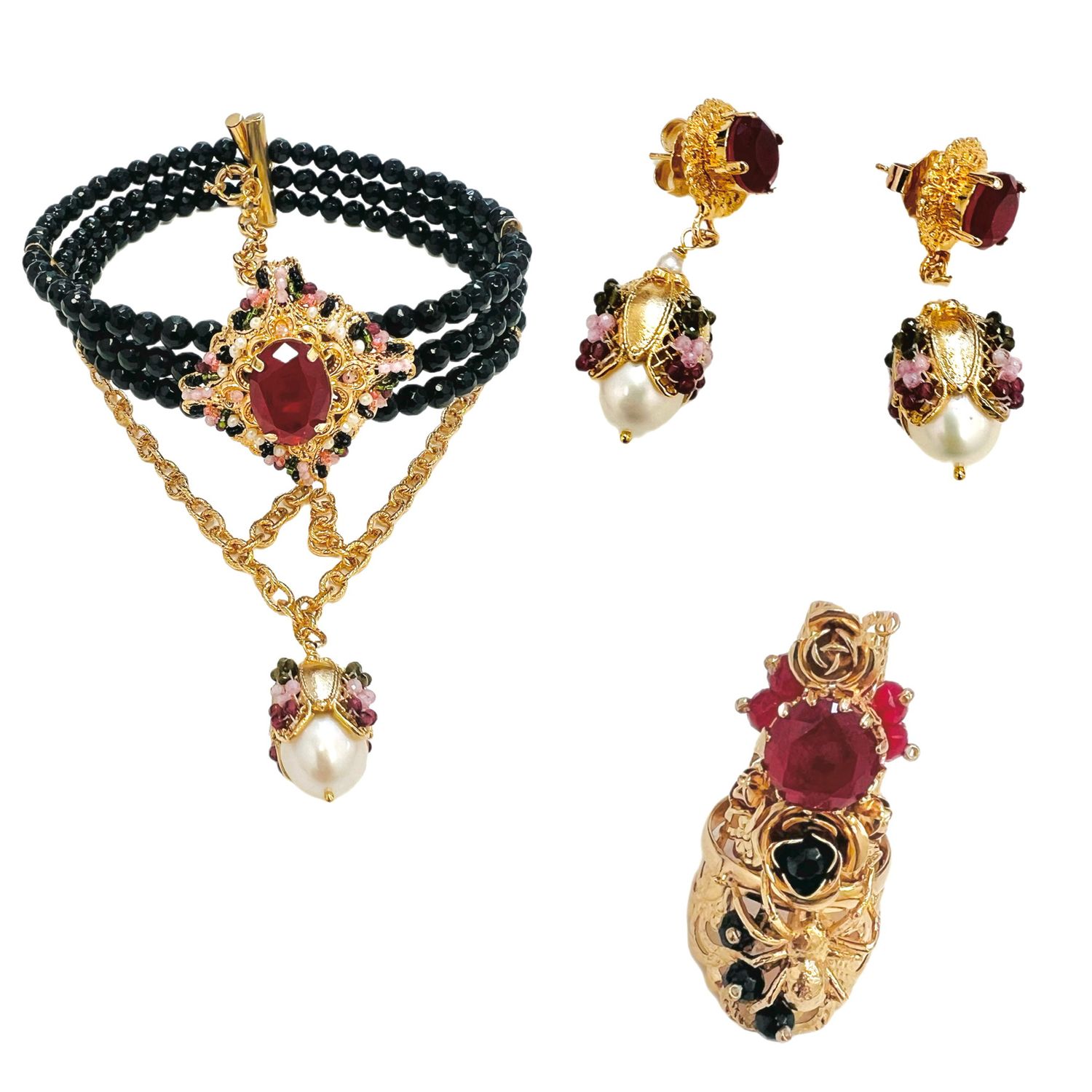 Jewelry set: choker, earrings and ring