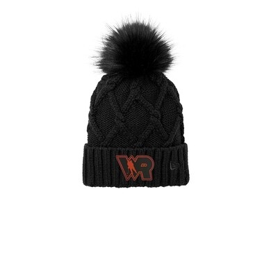 LADIES BLACK POM BEANIE WITH BLACK AND RED PATCH - LHS HOCKEY
