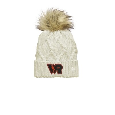LADIES IVORY POM BEANIE WITH BLACK AND RED PATCH - LHS HOCKEY