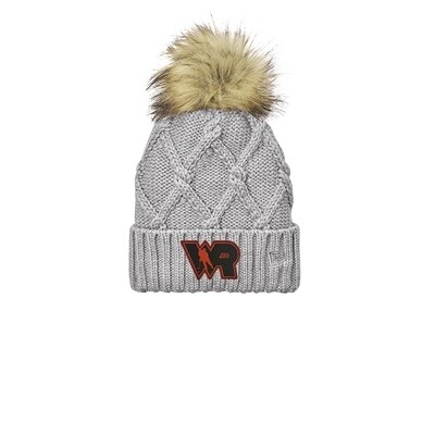 LADIES HEATHER GREY  POM BEANIE WITH BLACK AND RED PATCH - LHS HOCKEY