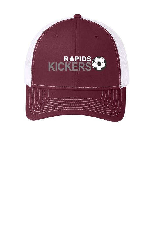 Port Authority® Snapback Trucker Cap - Maroon and White with Embroidered Logo - Kickers Soccer