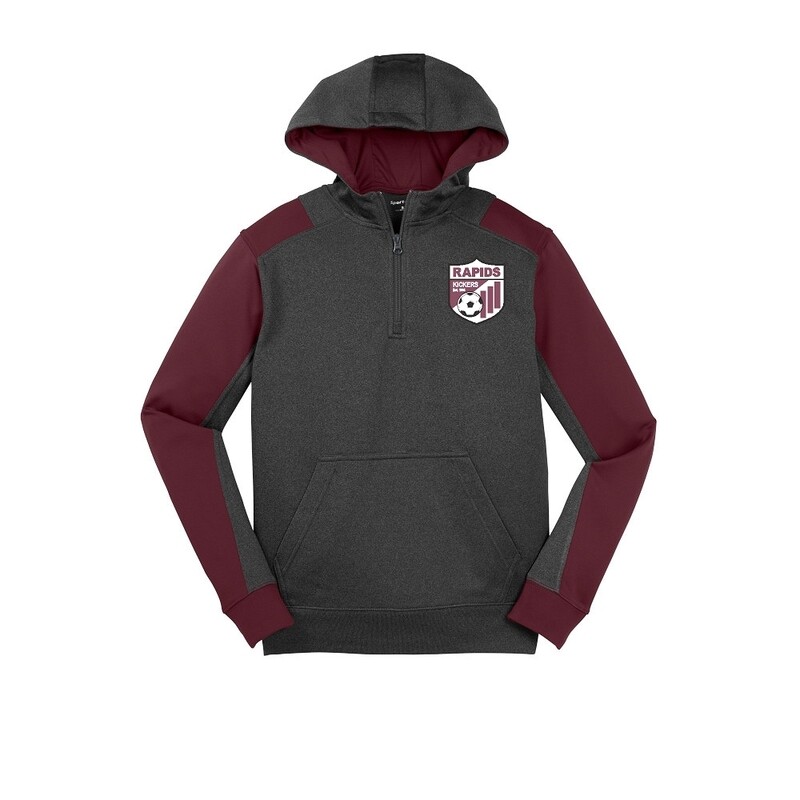 ADULT Sport-Tek® Tech Fleece Colorblock 1/4-Zip Hooded Sweatshirt - Graphite Heather/Maroon - Kickers Soccer