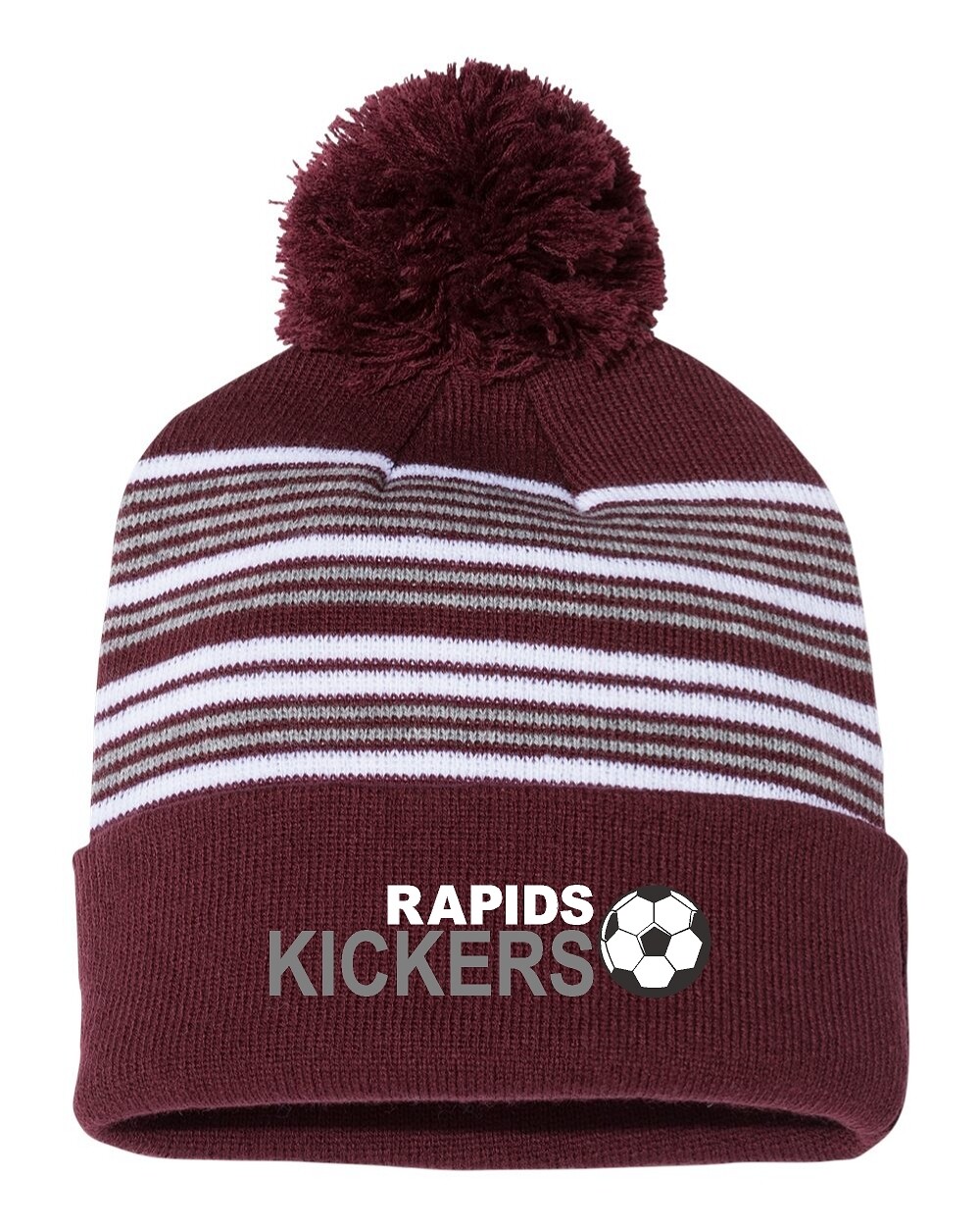 Sportsman - 12&quot; Striped Pom-Pom Cuffed Beanie - Maroon/Grey/White WITH EMBROIDERED LOGO - Kickers Soccer