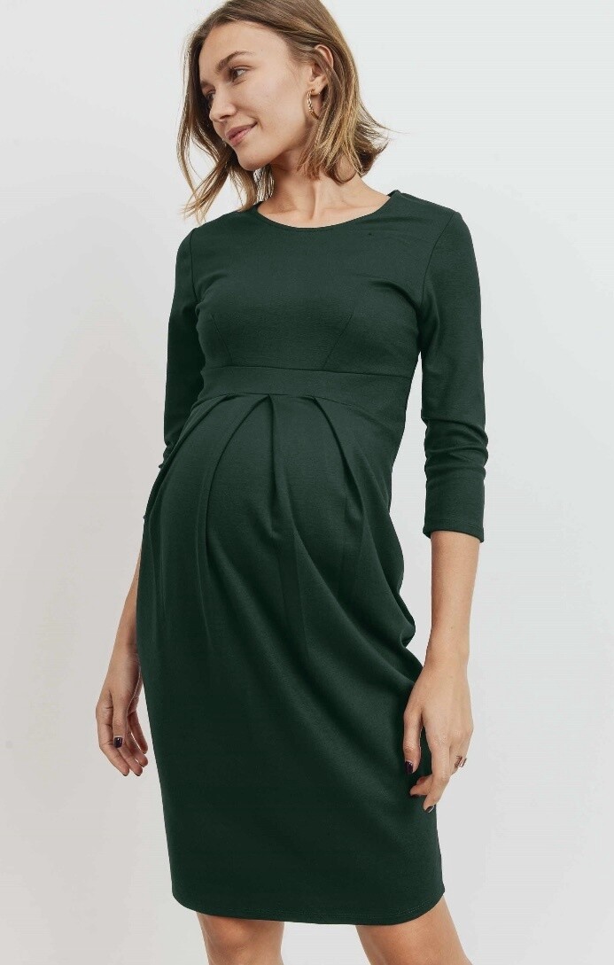 3/4 Sleeve Round Neck Front Pleat Maternity Dress