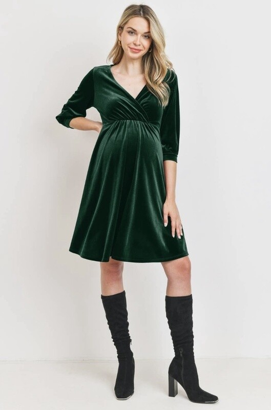 3/4 Sleeve Green Velvet Maternity/Nursing Dress