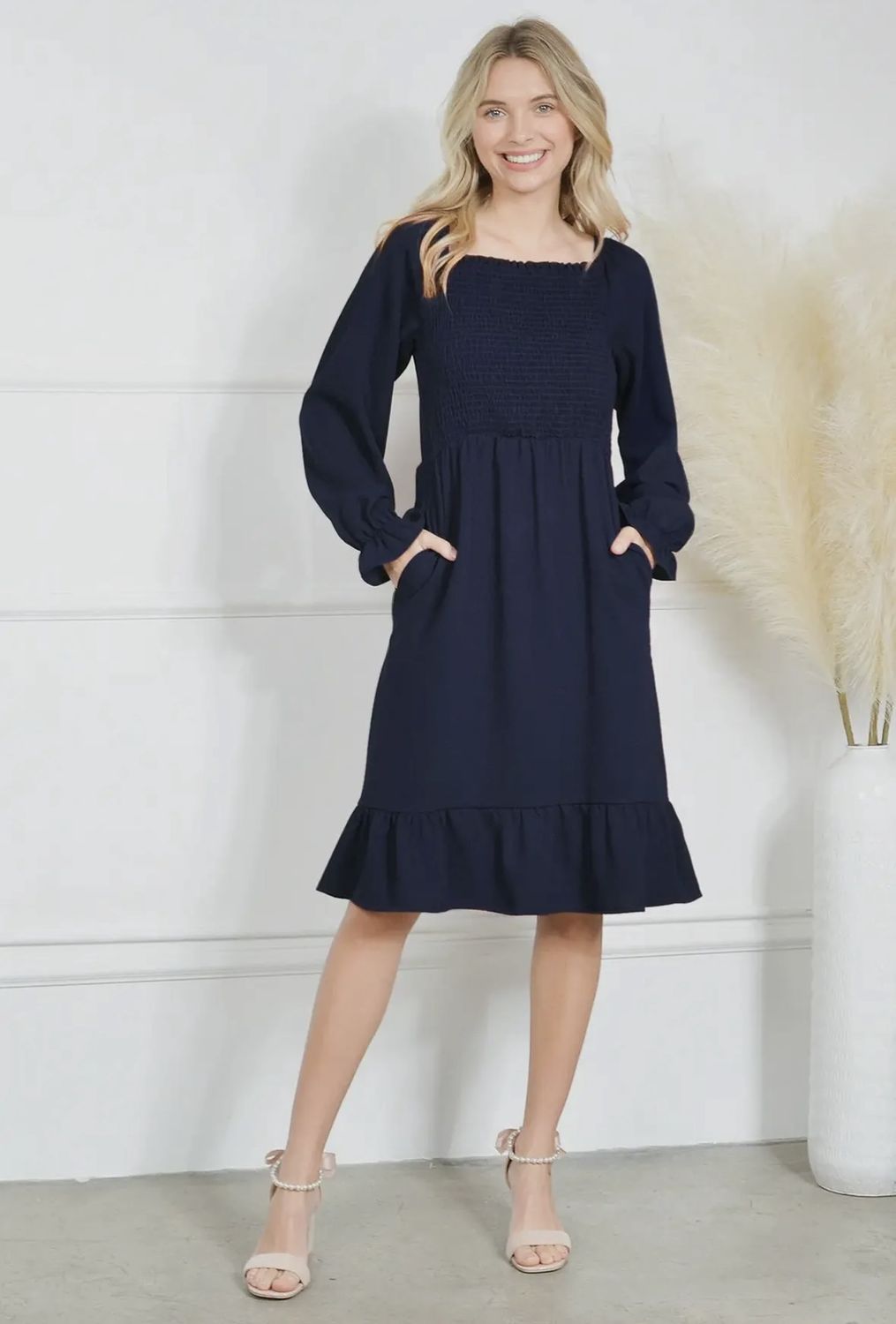 Sandra Smocked Midi, Color: Navy, Size: Small