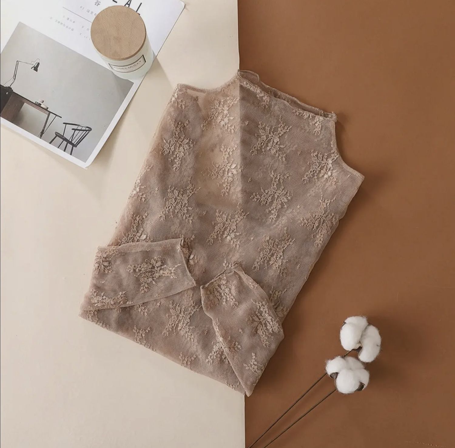 Abbie Sheer Lace Shirt - Khaki, Color: Khaki, Size: Small