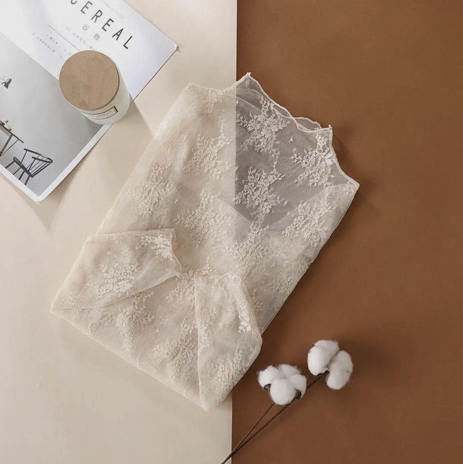 Abbie Sheer Lace Shirt - Apricot, Color: Apricot, Size: Small