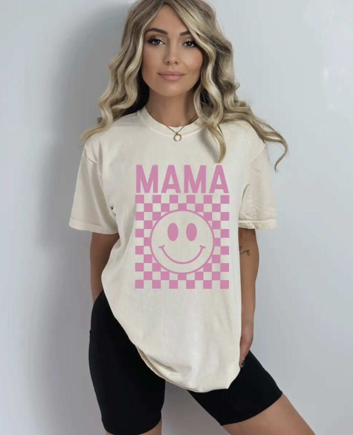Mama Pink Checkered Tee, Color: Cream, Size: Small