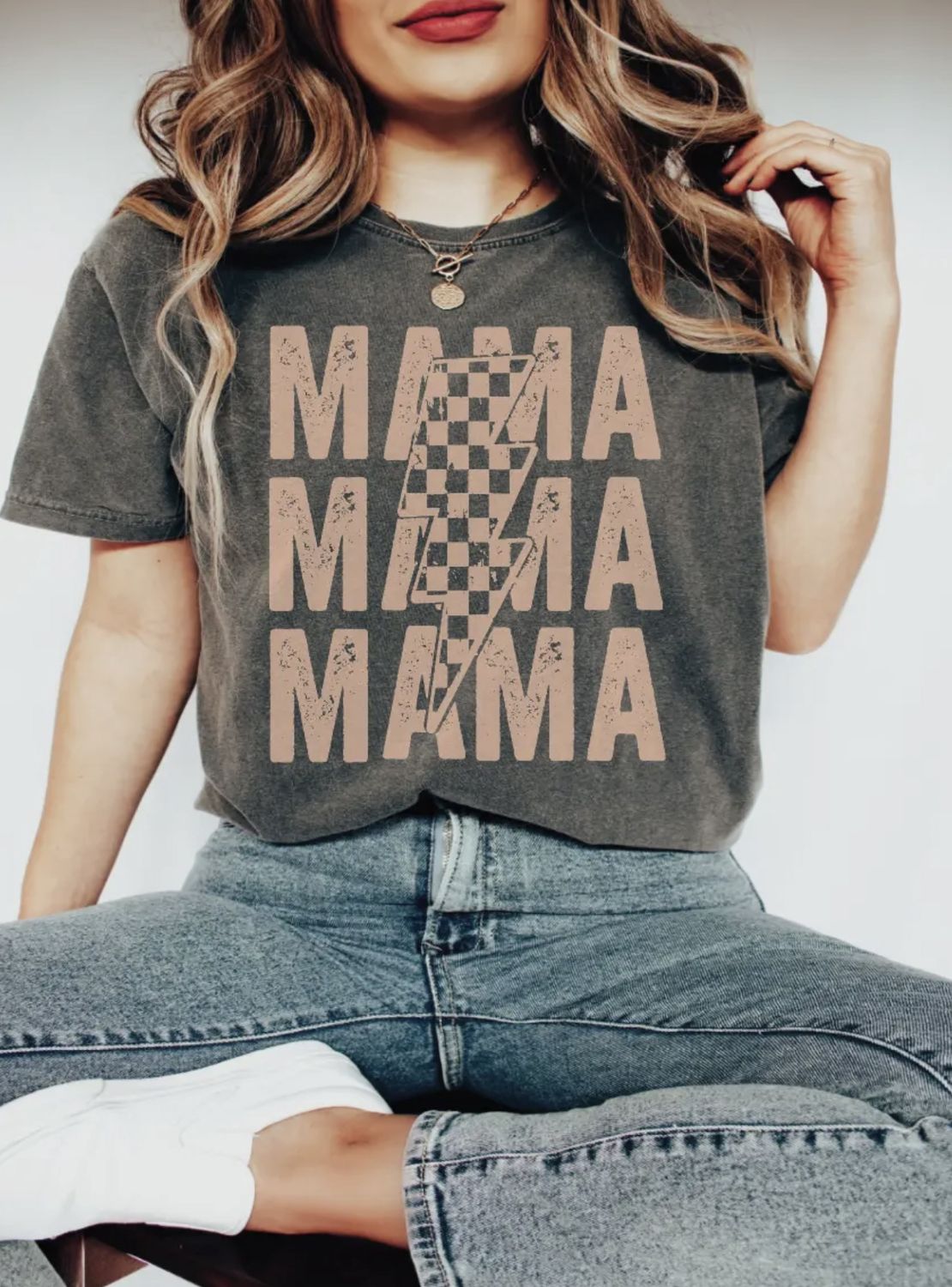 Mama Lightening Bolt Tee, Color: StoneWash, Size: Small