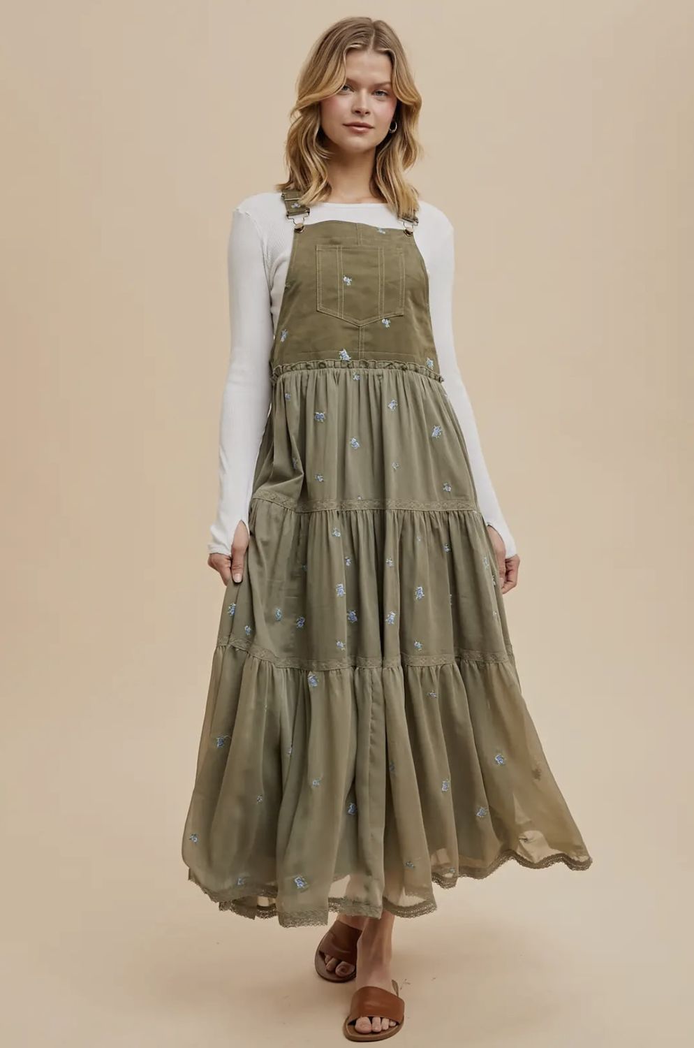 Reba Embroidered Skirtall, Color: Olive, Size: Small