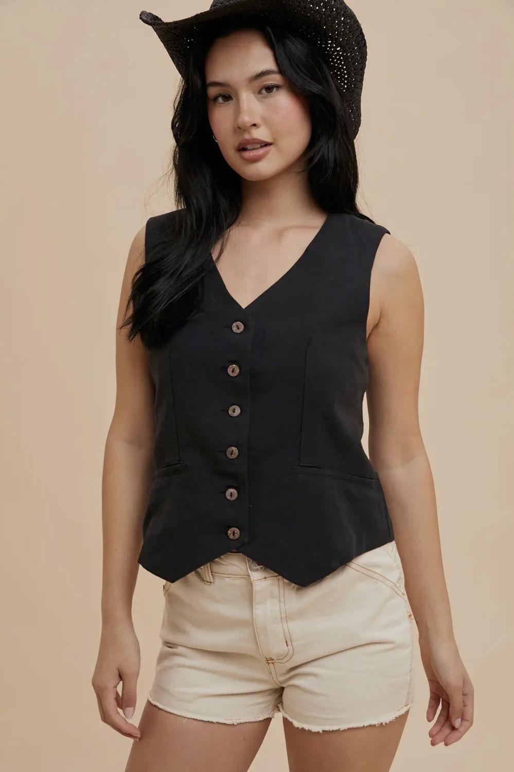 Lainey Linen Blend Vest, Color: Black, Size: Small