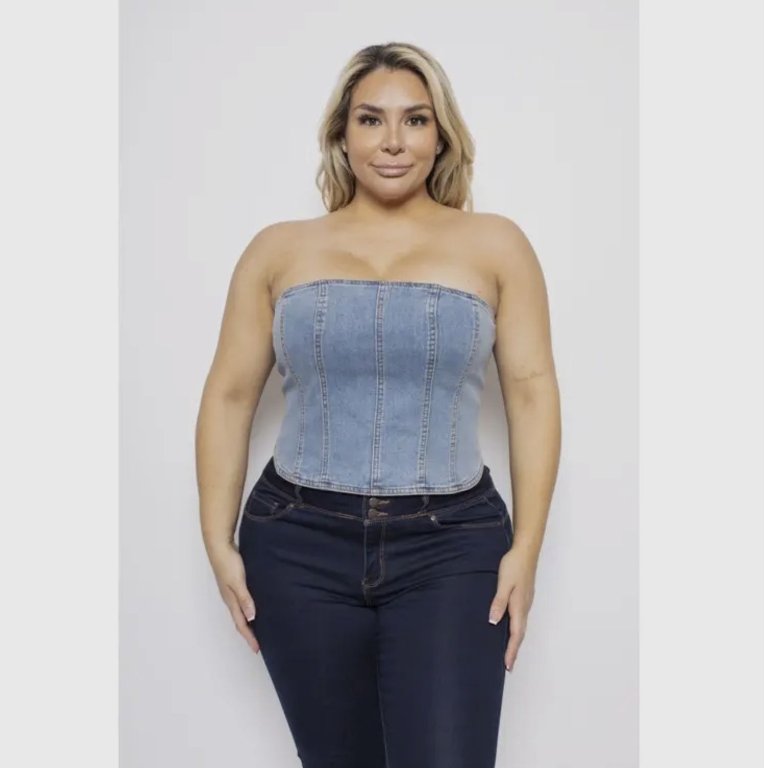Denim Zip Back Corset Tube Top, Color: Denim Medium Wash, Size: 1X