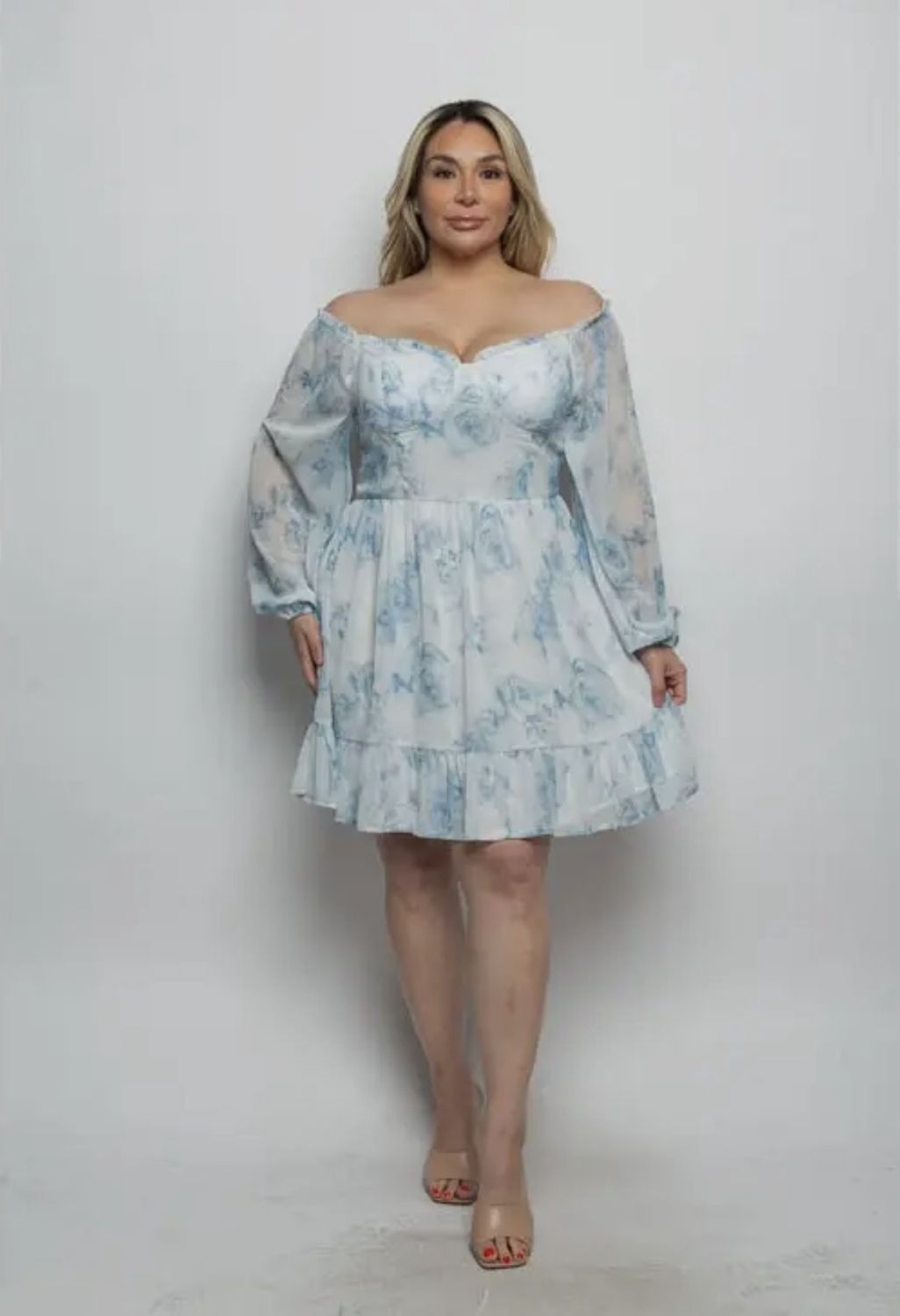 Floral Chiffon Off Shoulder Dress, Color: Blue, Size: 1X