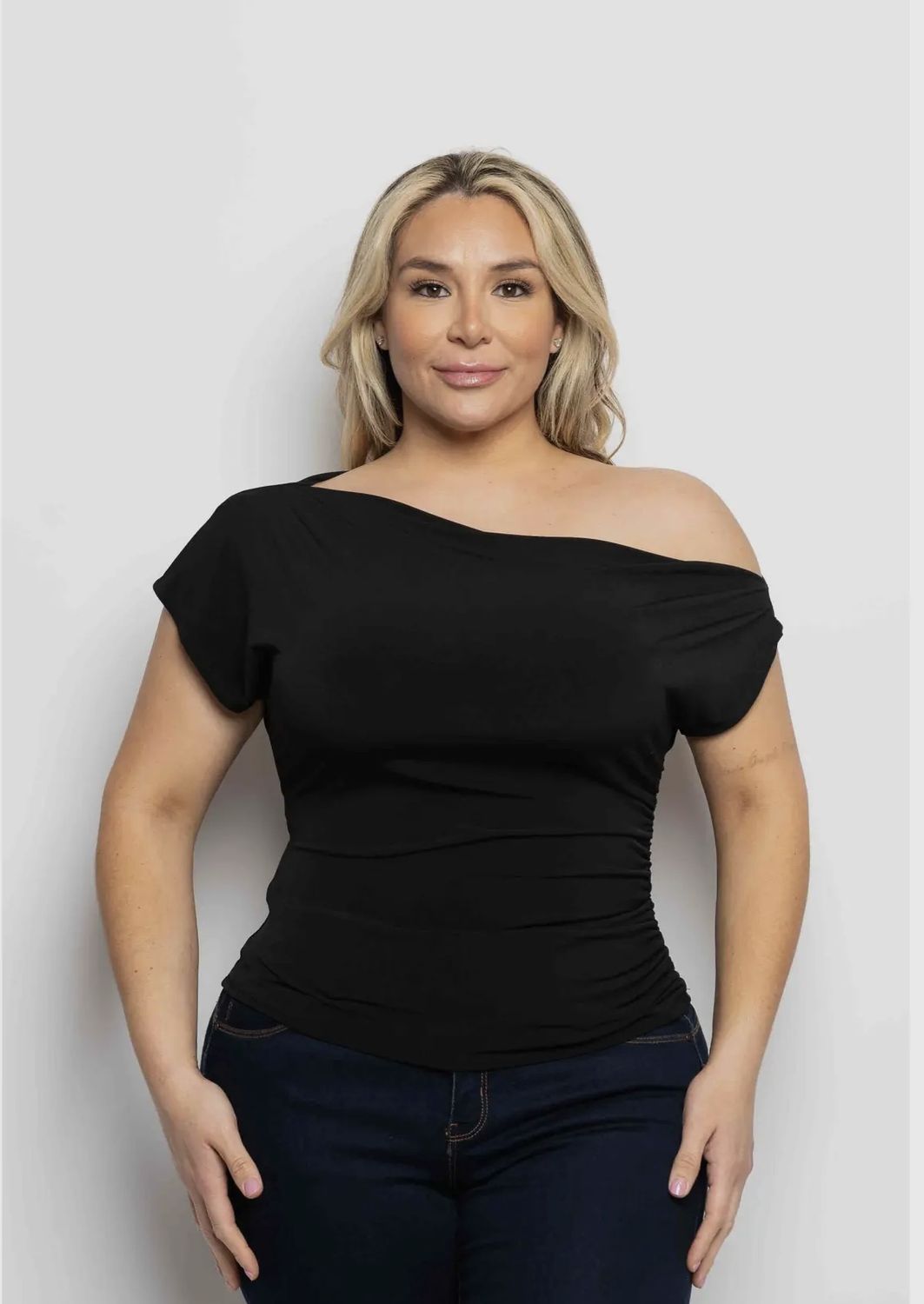Wendy Off Shoulder Short Sleeve Top, Color: Black, Size: 1X