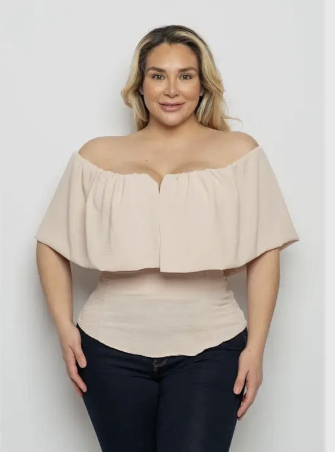 Wing Sleeve Smocked Back Blouse, Color: Beige, Size: 1X
