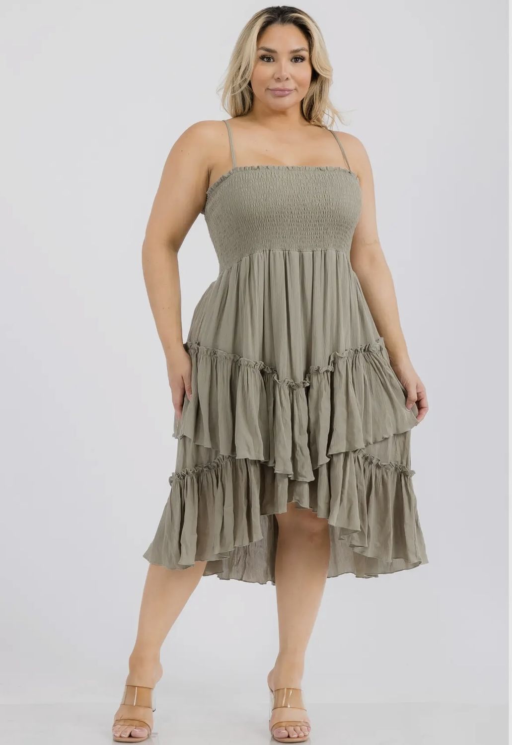 Darcy Smocked Tiered Ruffle Midi Dress - Olive, Color: Olive Green, Size: 1X