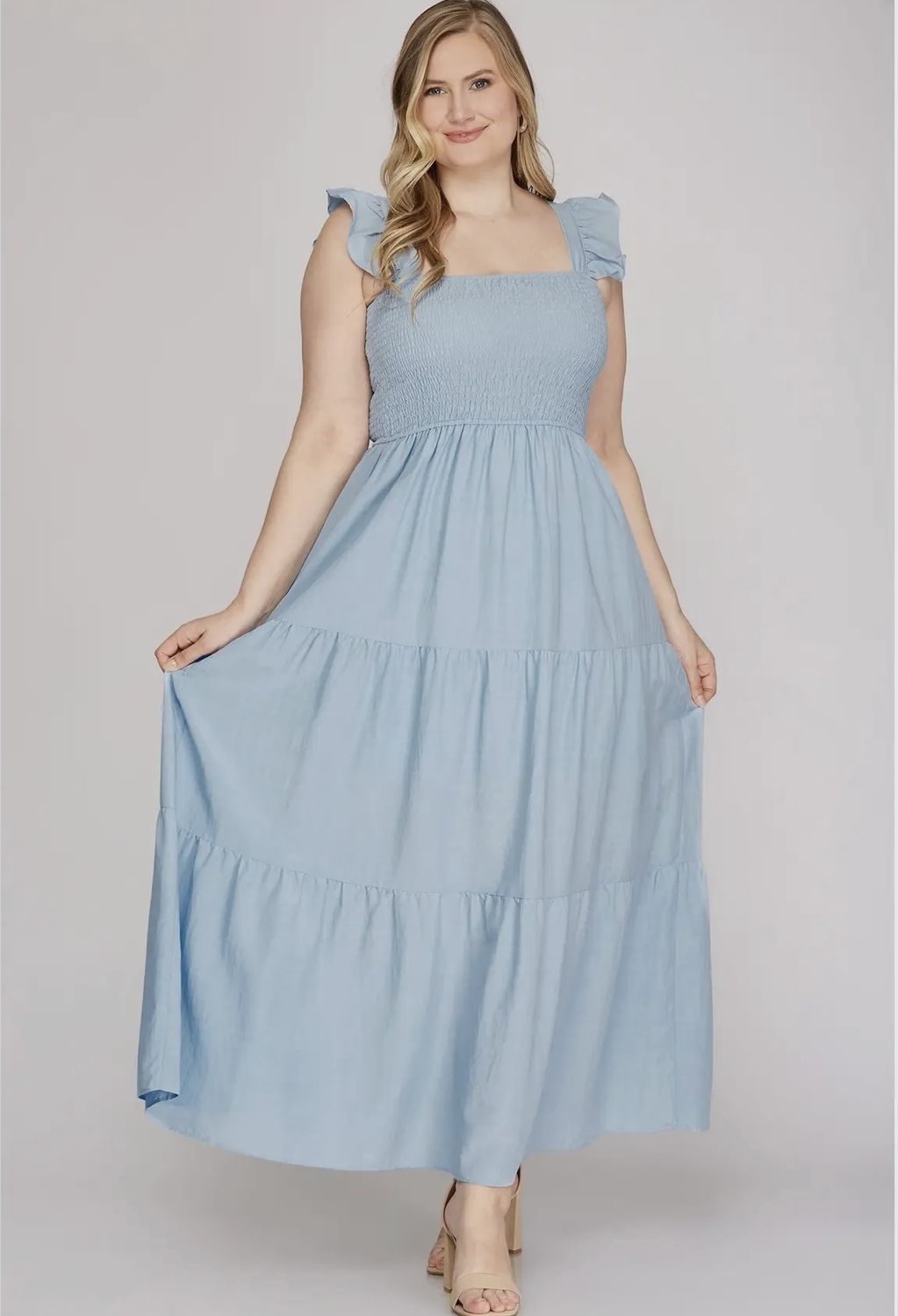 Ruffle Strap Tiered Maxi Dress, Color: Light Blue, Size: 1X
