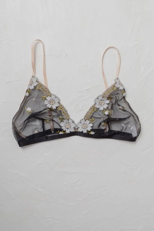 Daisy Embroidered Mesh Bralette - Black