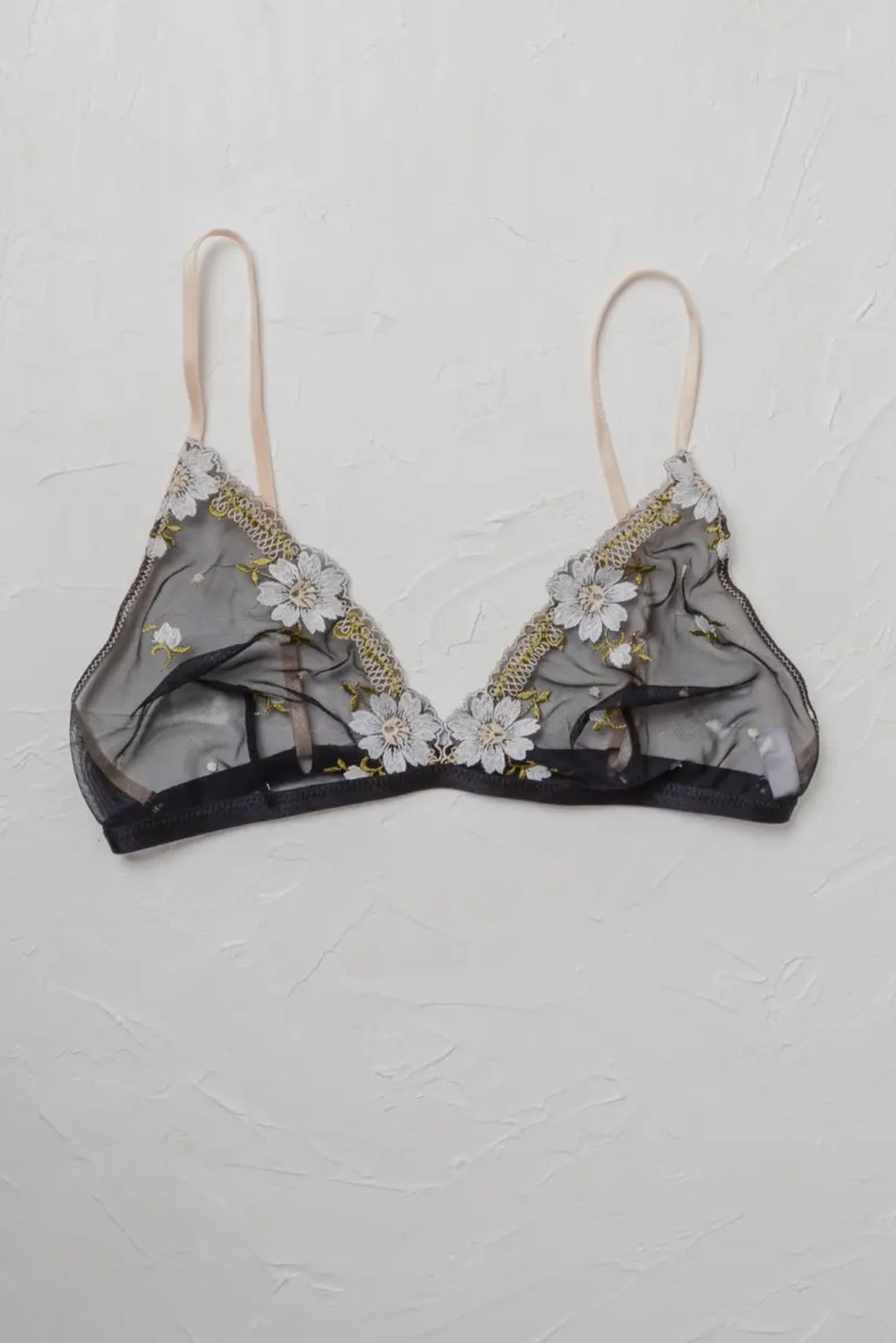 Daisy Embroidered Mesh Bralette - Black, Color: Black, Size: Small