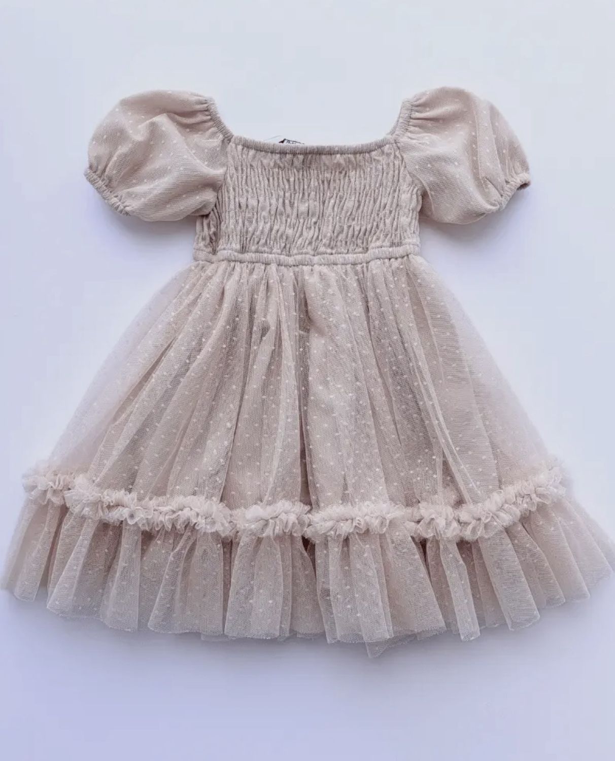 Smocked Dots Tulle Dress, Color: Champagne, Size: 2T