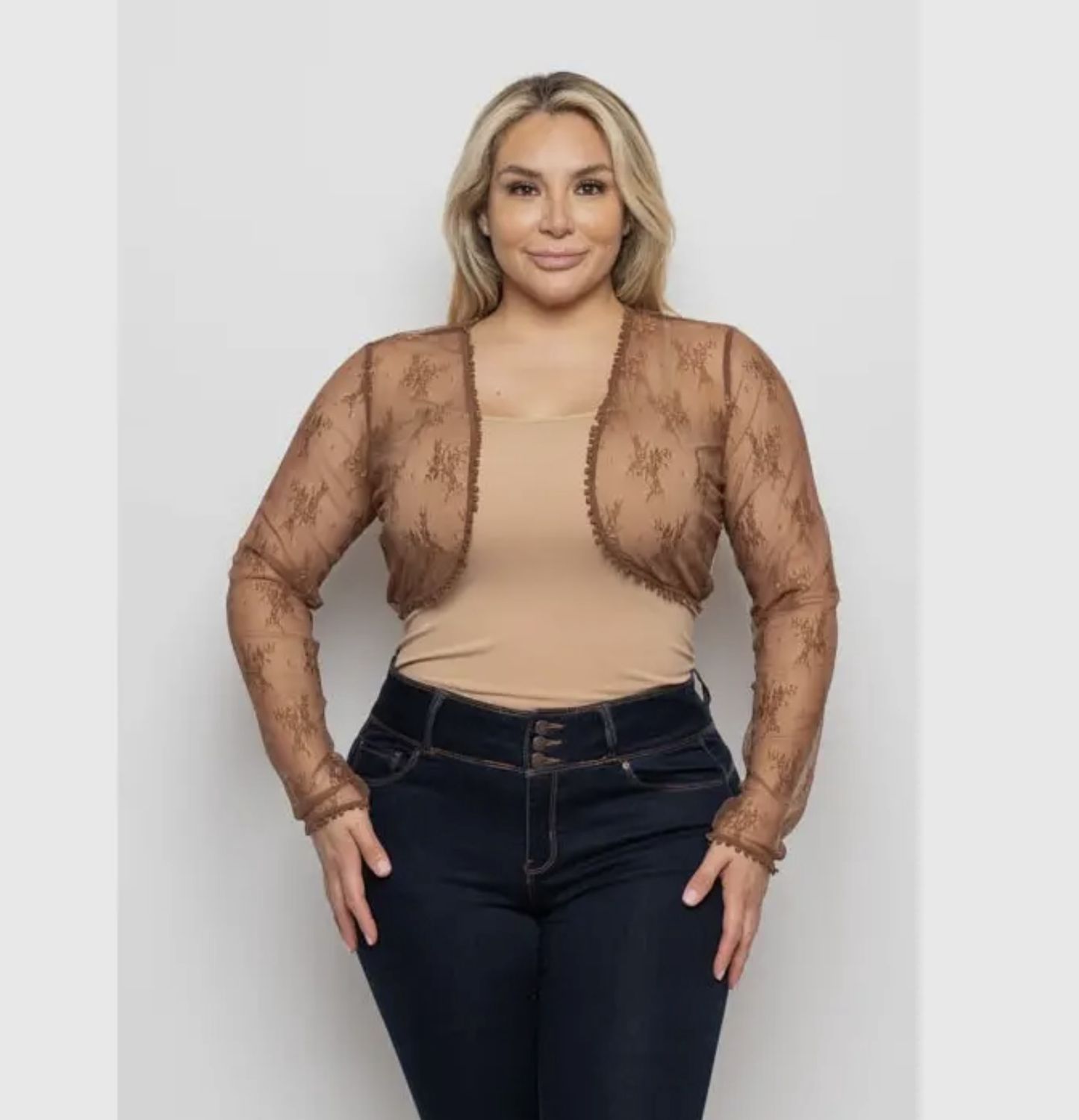 Lacey Open Front Cropped Long Sleeve Bolero, Color: Brown, Size: 1X
