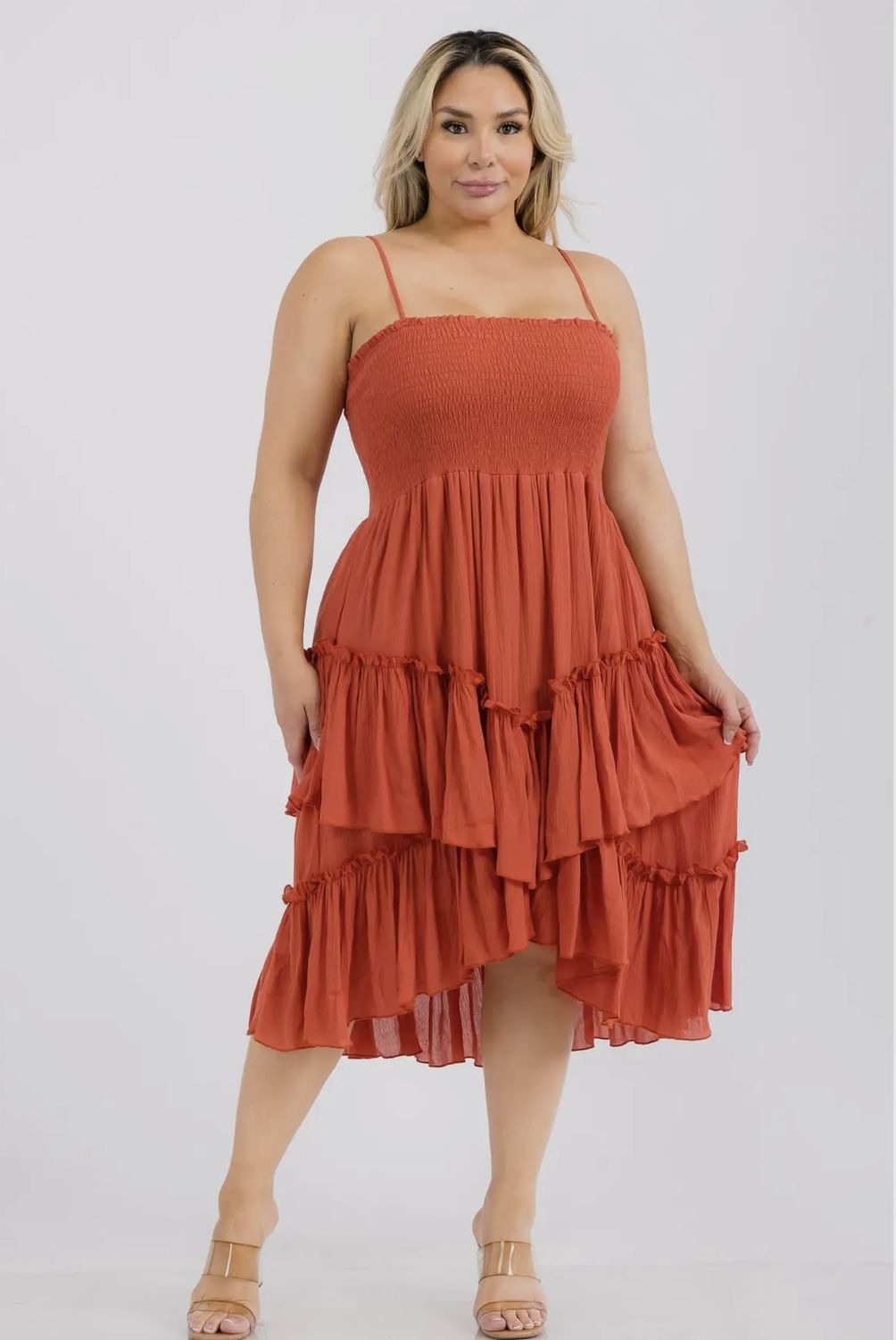 Darcy Smocked Tiered Ruffle Midi Dress - Rust, Color: Rust, Size: 1X